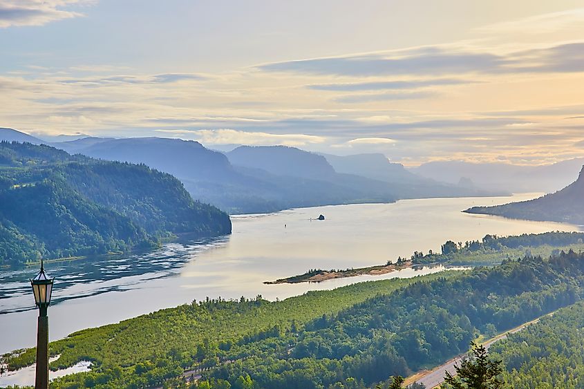 Aerial view of the Columbia River Gorge during golden hour