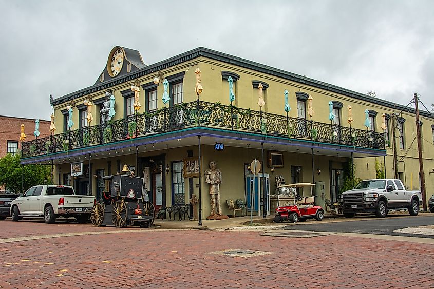 Corner view of the Victorian-style Historic Jefferson Hotel in Jefferson, Texas, originally built as a cotton warehouse by the town's founder, Allen Urquhart.