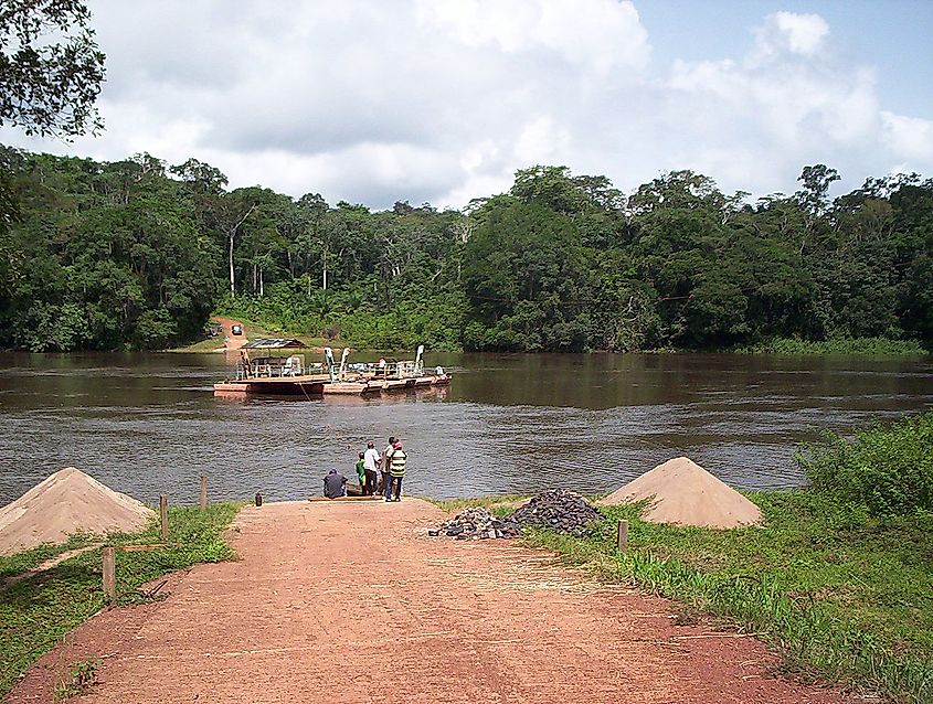 Pulling the ferry over to cross the Dja River in Cameroon's East Province.