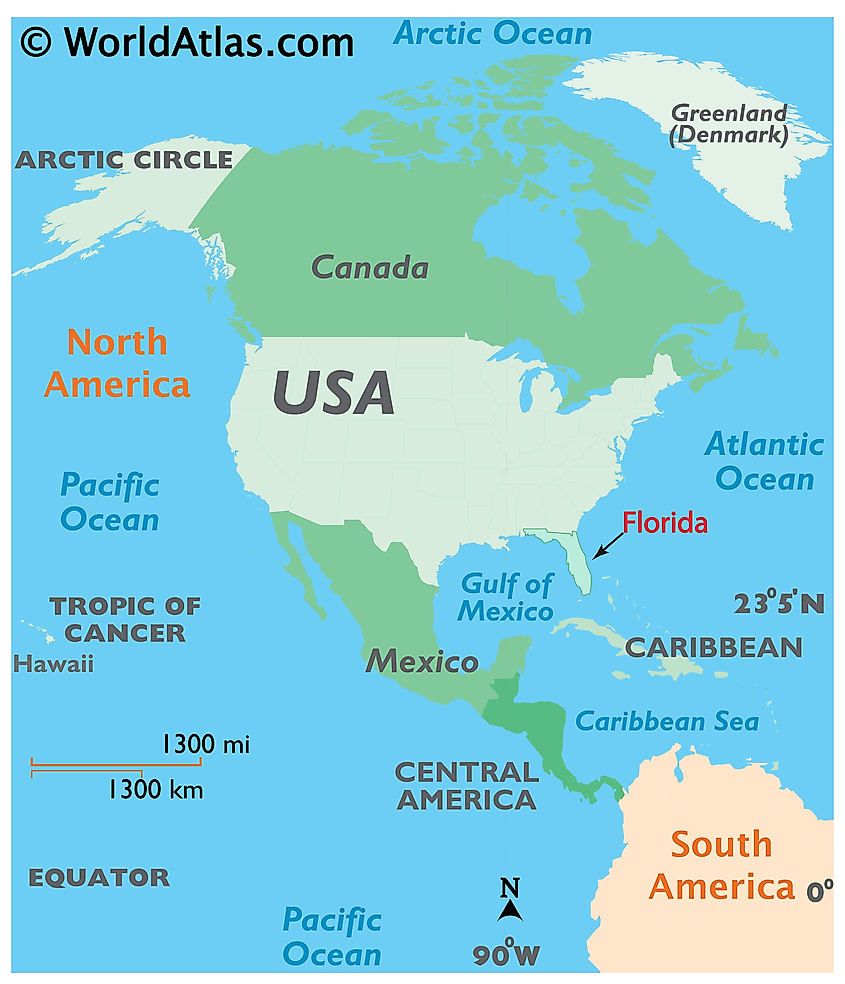 Map of the United States showing Florida as a peninsula.