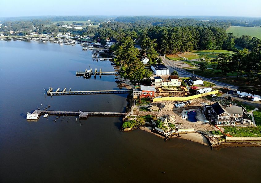 Aerial view of waterfront homes with a private dock near Millsboro, Delaware, USA.