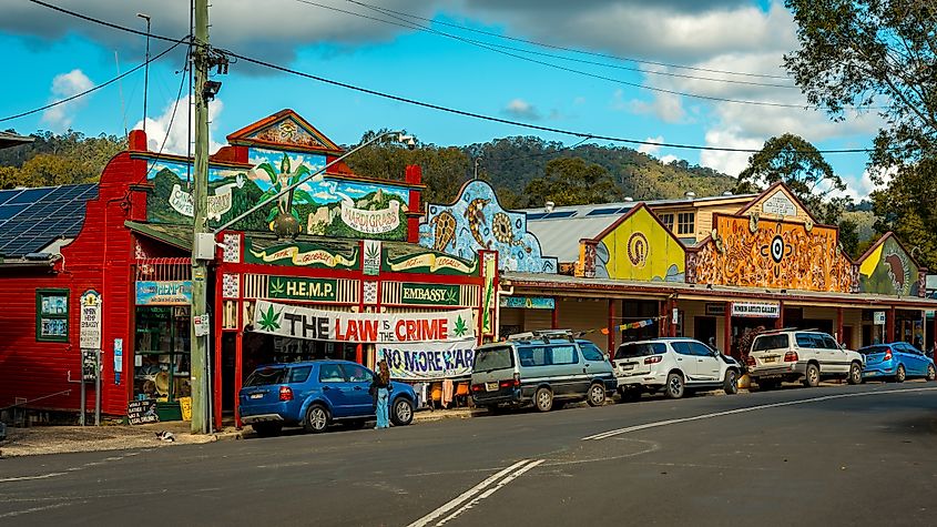 Vibrant storefronts in Nimbin, New South Wales, Australia
