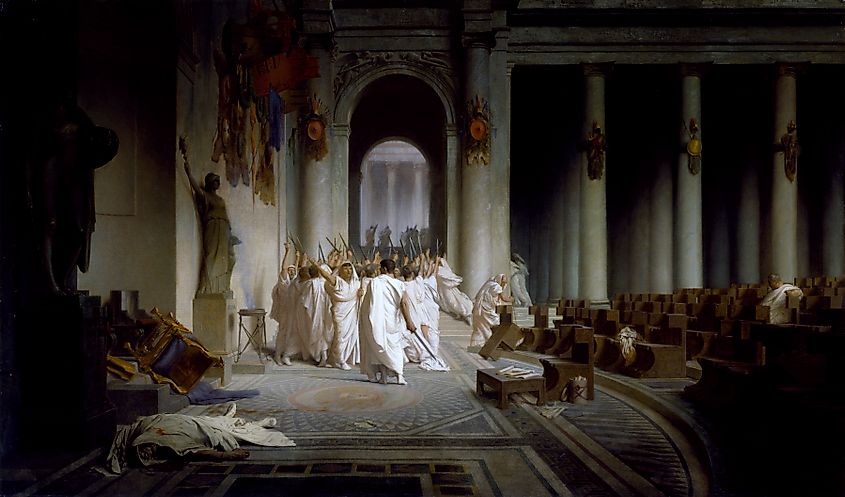 An 1867 depiction of Caesar's death. The Death of Caesar by Jean-Léon Gérôme.