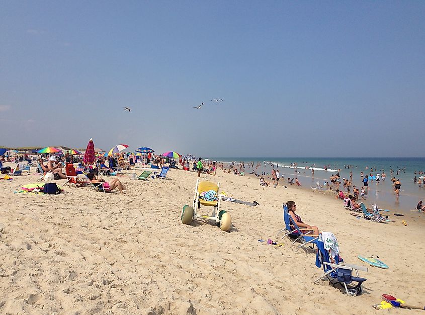 Bathing beach at Island Beach State Park on a sunny summer day