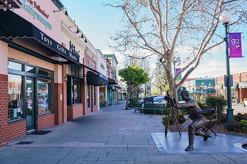 Main business street in downtown Monrovia, Los Angeles County, California.