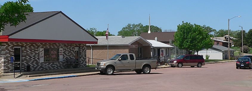 View of Downtown Niobrara, Nebraska, showing the quaint south side of Park Avenue east of Spruce Avenue.