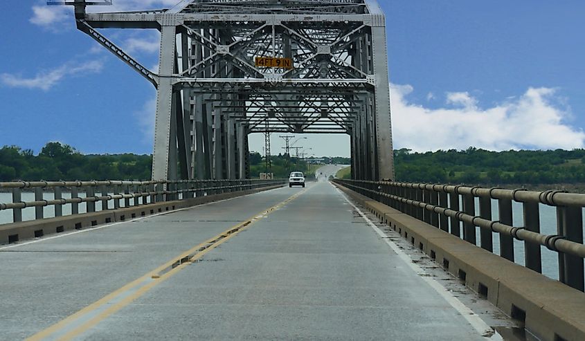 Close up of a concrete bridge over Lake Texoma west of Durant, Oklahoma.