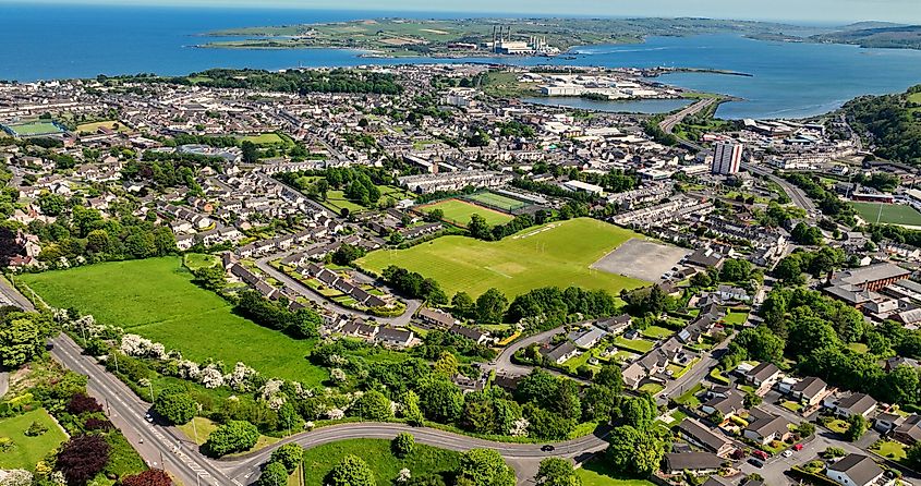Aerial view of homes and businesses in Larne, Northern Ireland