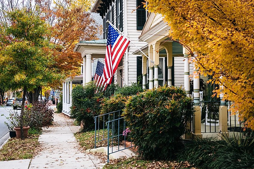 A house in Easton, Maryland, surrounded by vibrant autumn colors.