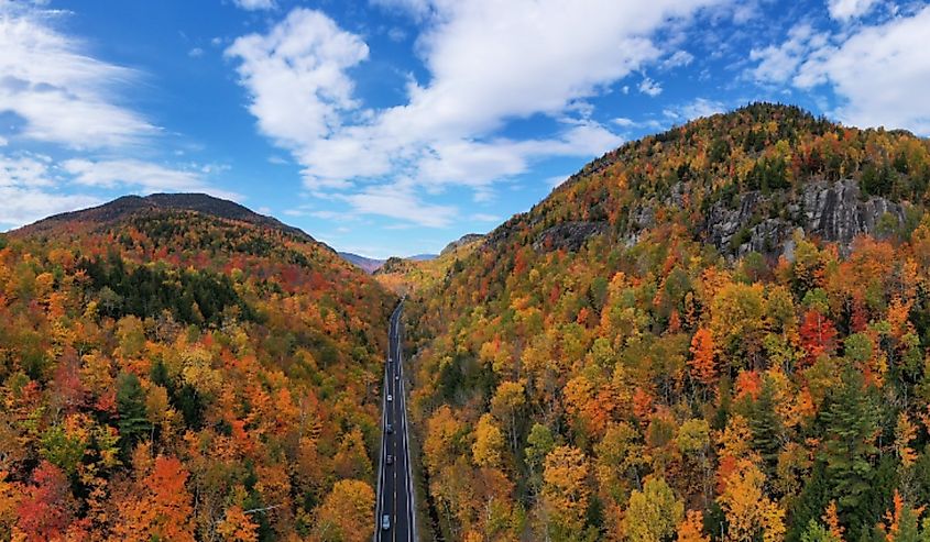 Aerial view of peak fall foliage in Keene, New York in upstate New York.