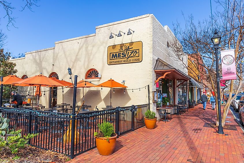 The Mestizo Restaurant on Main Street in downtown Davidson, North Carolina, offering contemporary Mexican cuisine in a charming small-town setting.