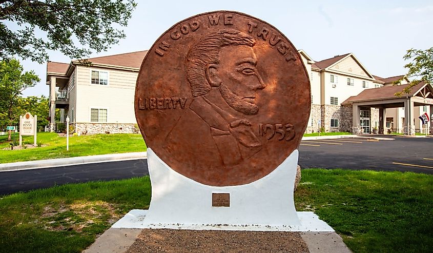 The world's largest penny that is made out of concrete and is 10 feet in diameter in Woodruff, Wisconsin