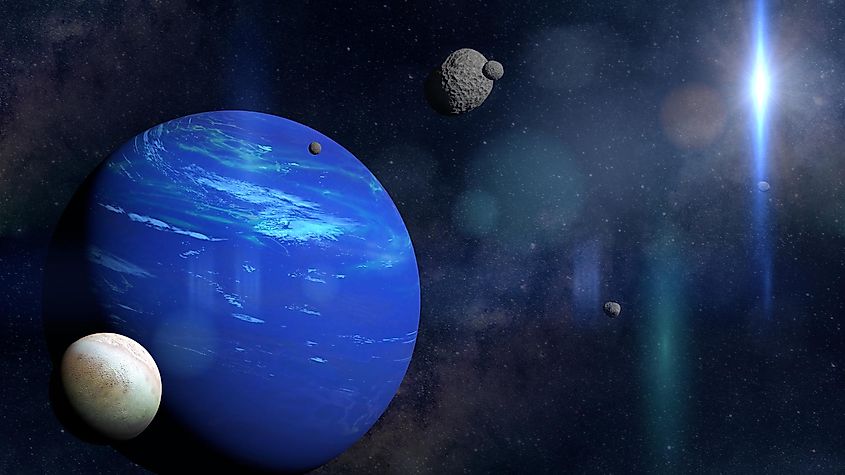 planet Neptune with its moon Triton and some other moons (3d space rendering, elements of this image are furnished by NASA).