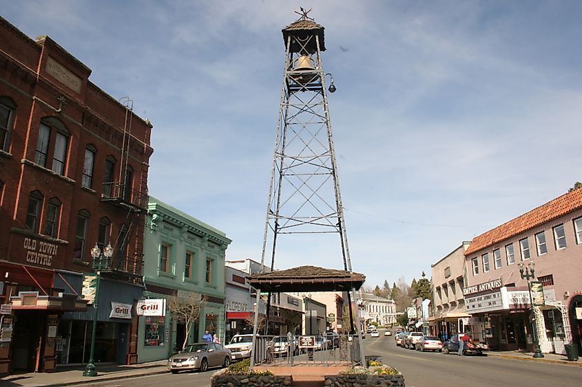 A bell in the middle of downtown Placerville, California.