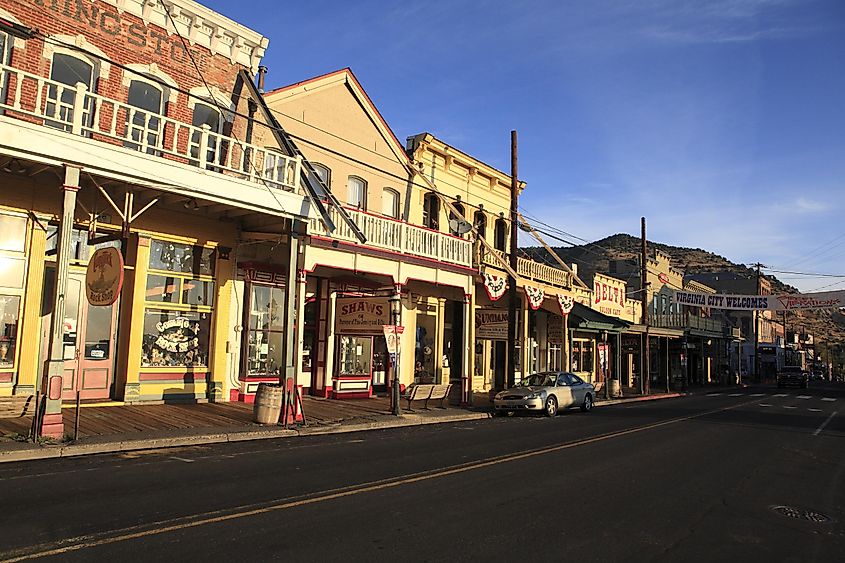 The downtown overhang on Main Street in Virginia City, Nevada, captured in the morning light.