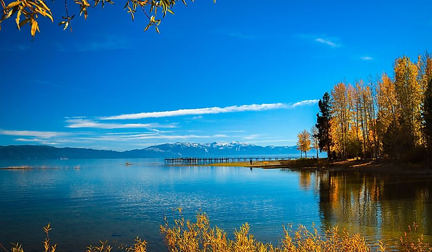 Reflection of trees on water, Tahoe City, Lake Tahoe, California