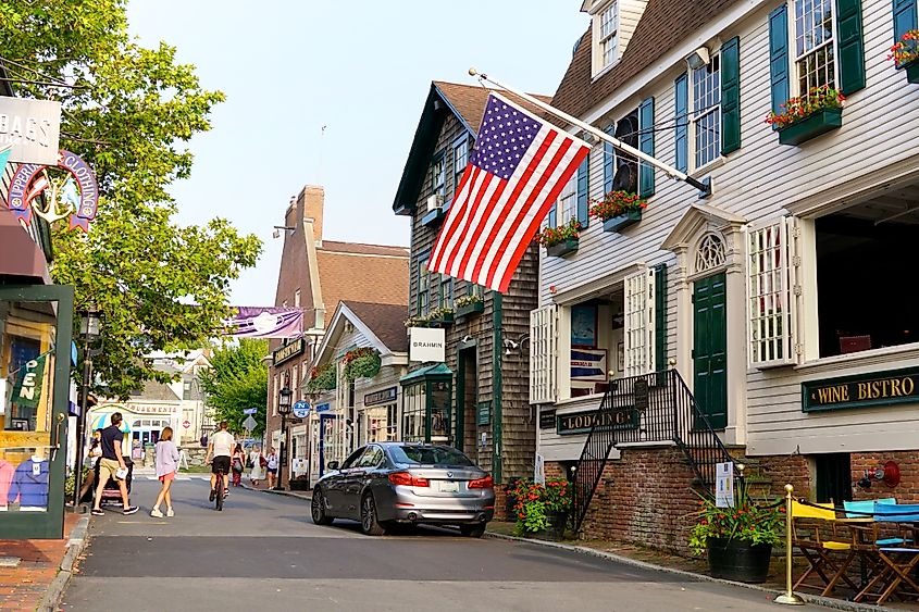 Newport, Rhode Island's famed Thames Street shopping district, featuring specialty shops, restaurants, hotels, and attractions that draw many visitors.