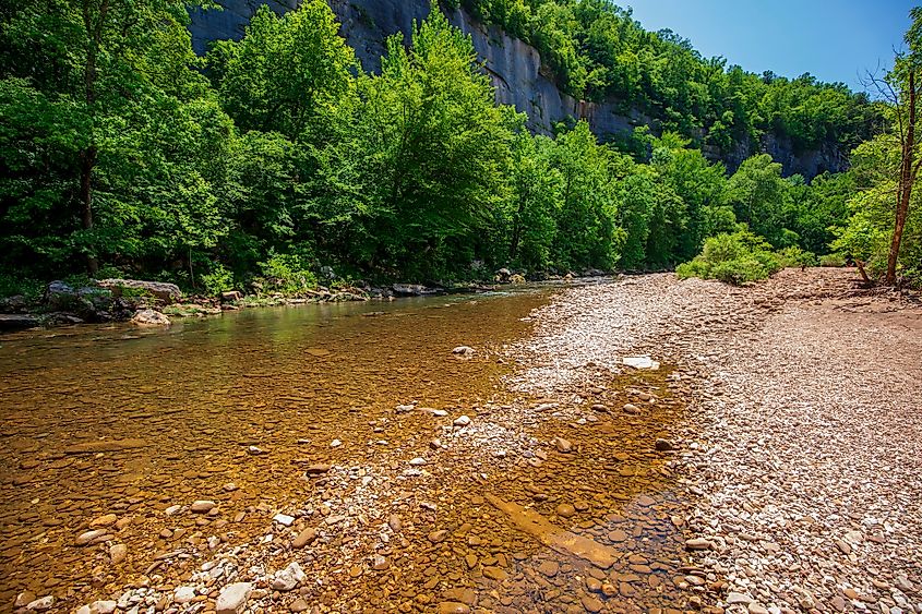 Summertime on the Buffalo River at Roark Bluff in Steel Creek Campground located in the Ozark Mountains, Jasper, Arkansas.