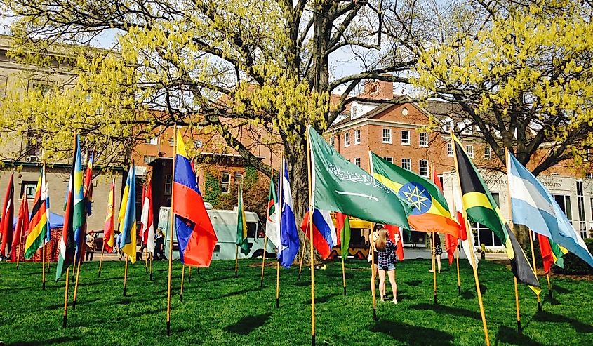 Flags of many nations are seen on April 15, 2016, on the campus of Ohio University during the institution's International Street Fair, an annual event celebrating global cultures.