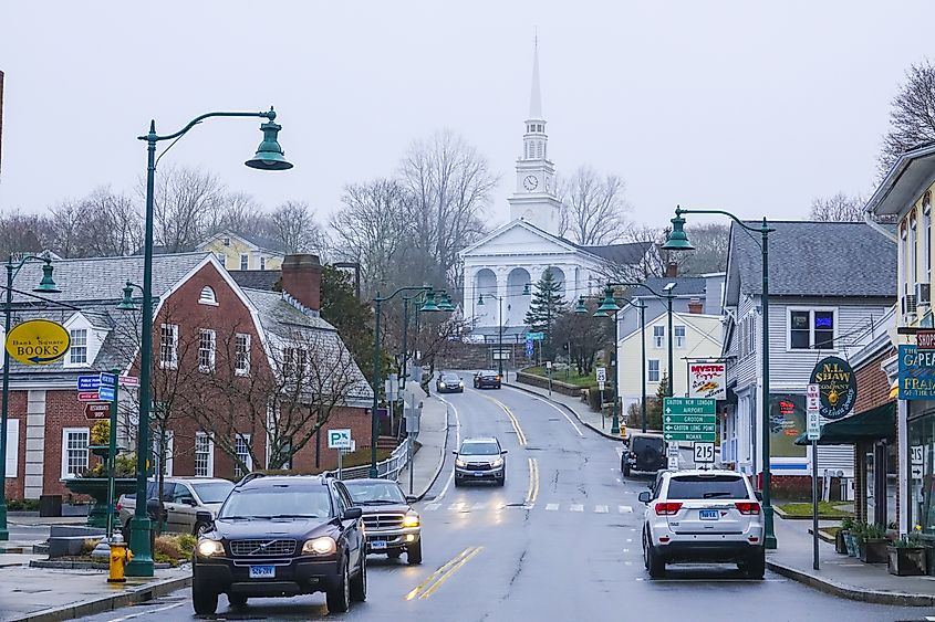 View of historic buildings in Mystic, Connecticut.