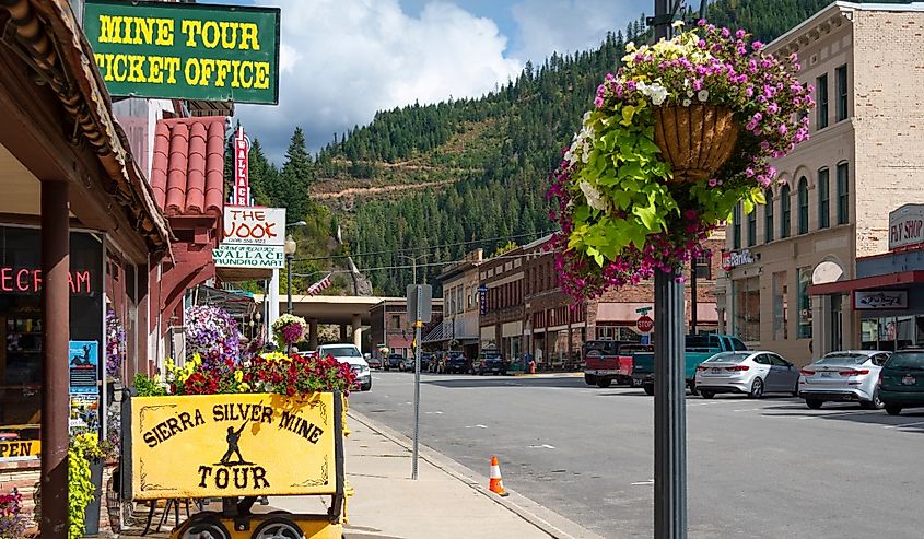 A picturesque main street in the historic mining town of Wallace, Idaho.