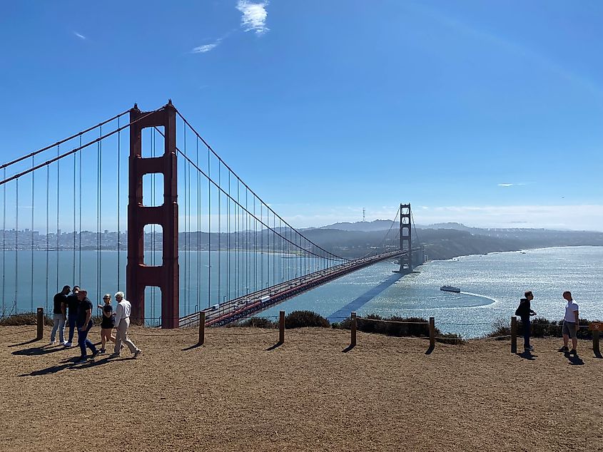 The Golden Gate Bridge as seen from the national recreation area viewpoint on the north side. 