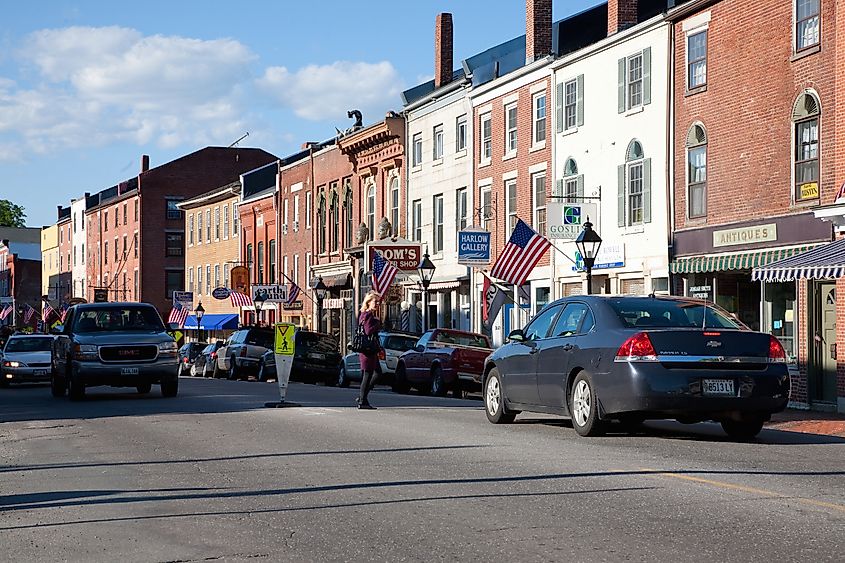 Storefronts line Water Street in Hallowell, Maine.