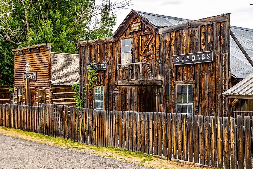 Collection of vintage wooden buildings at the Nevada City Ol Town Museum in Montana