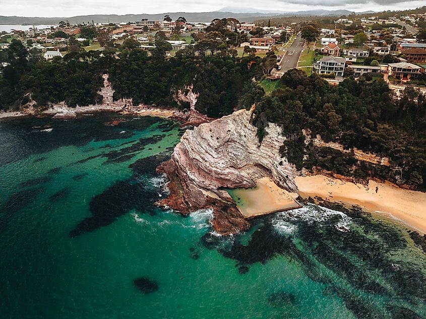 Aerial Drone Shot of Aslings Beach Rock Pool in Eden, New South Wales, Australia.