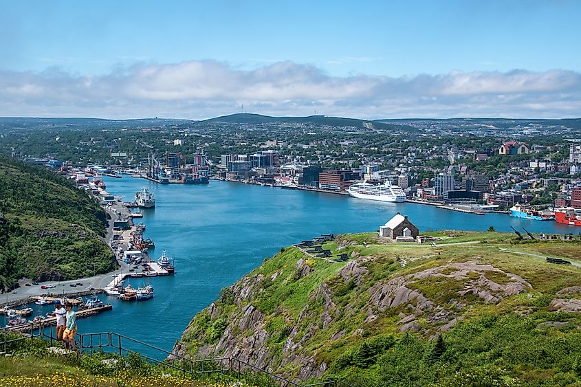 A view of St. John's harbour in Newfoundland, taken from atop Signal Hill, with the Queen's Battery in the foreground.