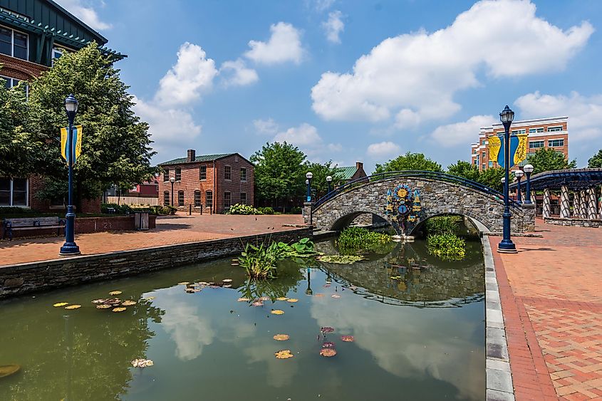 Historic building in downtown Frederick, Maryland, at the Carrol Creek Promenade.