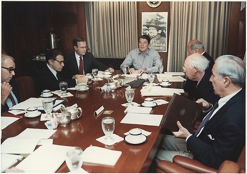 Photograph of President Reagan holding a National Security Council Meeting on the TWA hijacking, Situation Room