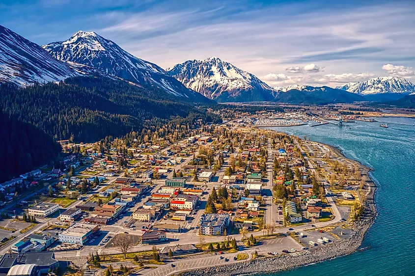 Aerial View of Seward, Alaska, in early summer.