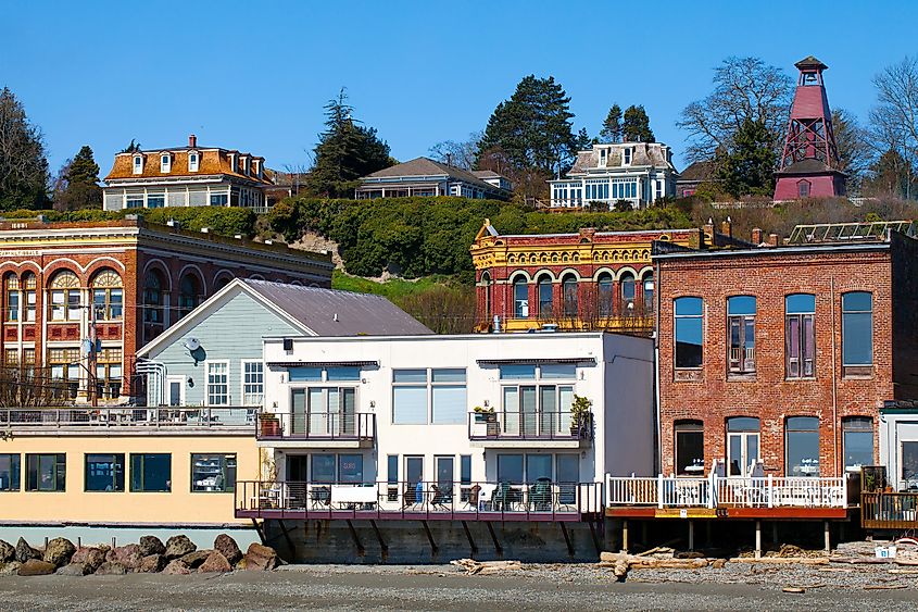 Vibrant waterfront buildings and businesses in Port Townsend, Washington.