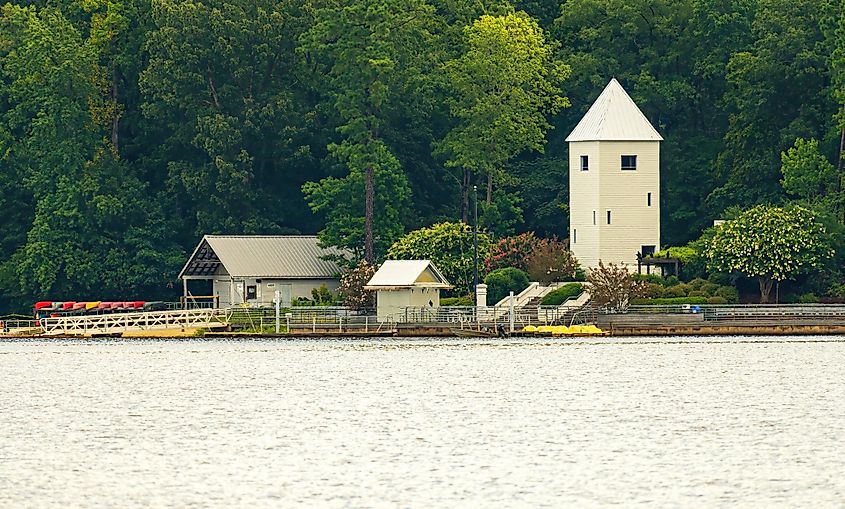 Morrisville, North Carolina/USA-7/29/2020: Photo Depicts the Boat Launching Dock at Lake Crabtree County Park. Editorial Credit: Wileydoc via Shutterstock.