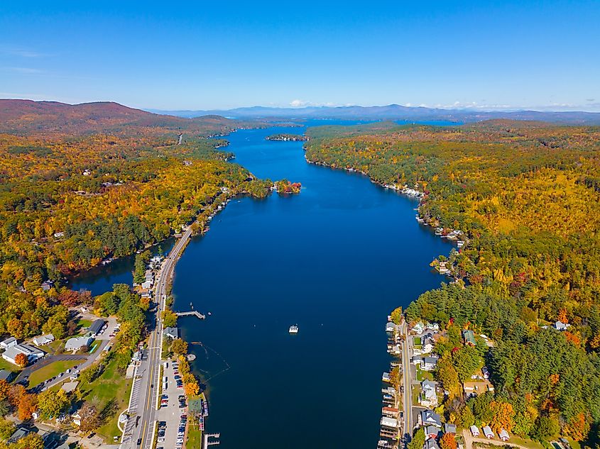 Alton Bay at Lake Winnipesaukee aerial view and village of Alton Bay in fall in town of Alton, New Hampshire, USA.