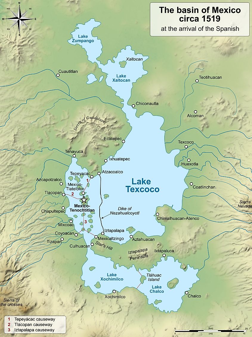 The Valley of Mexico with the locations of the main city-states in 1519.