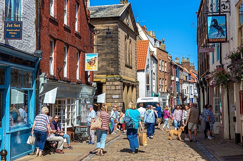 A tourist street in Whitby, North Yorkshire, England.