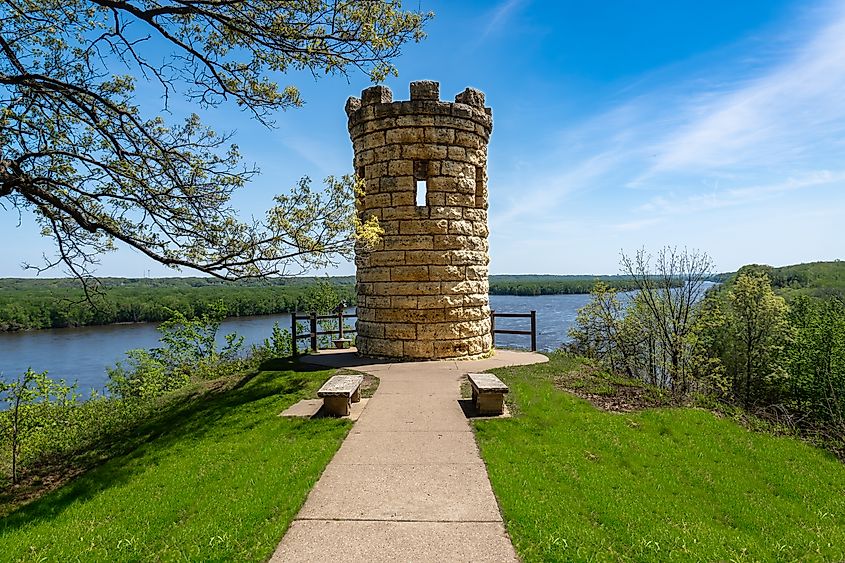 The Julien Dubuque Monument atop a limestone bluff overlooking the Mississippi River at the Mines of Spain in Dubuque, Iowa