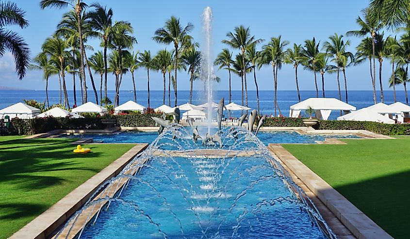 The Grand Wailea, a Waldorf Astoria hotel, is one of several resorts in the exclusive Wailea area on the West shore of the Hawaiian island of Maui.