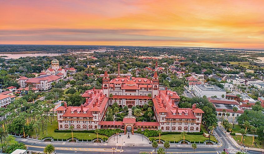 Aerial view of downtown St. Augustine's skyline at sunset.