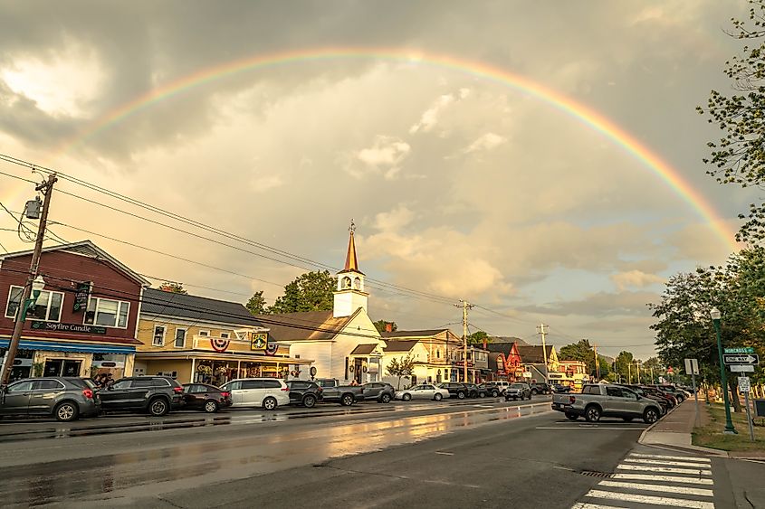 Rainbow over downtown in North Conway, New Hampshire