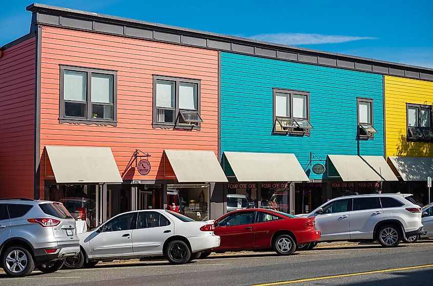 Colourful storefronts, exterior details of buildings on 1st Avenue in Ladysmith, British Columbia, Canada. Editorial credit: Elena_Alex_Ferns / Shutterstock.com