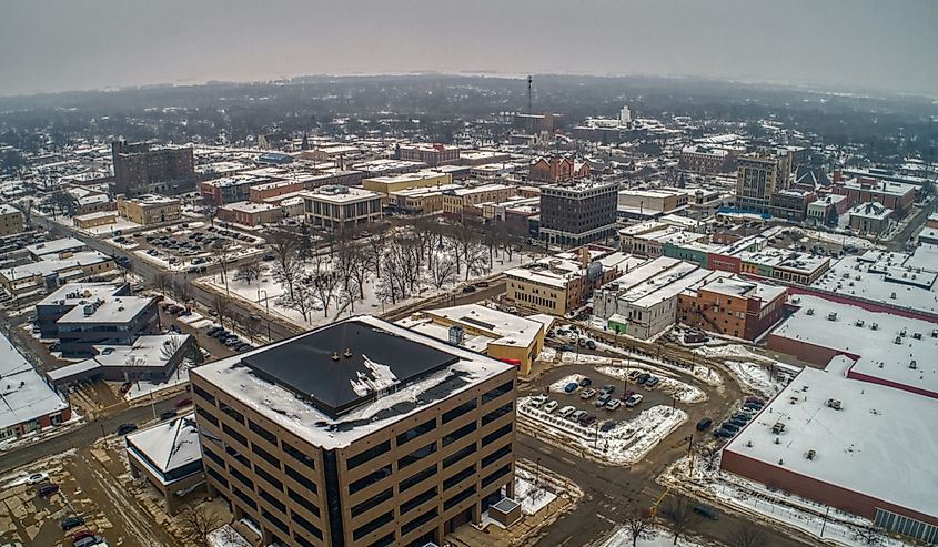 Aerial view of downtown Mason City, Iowa.