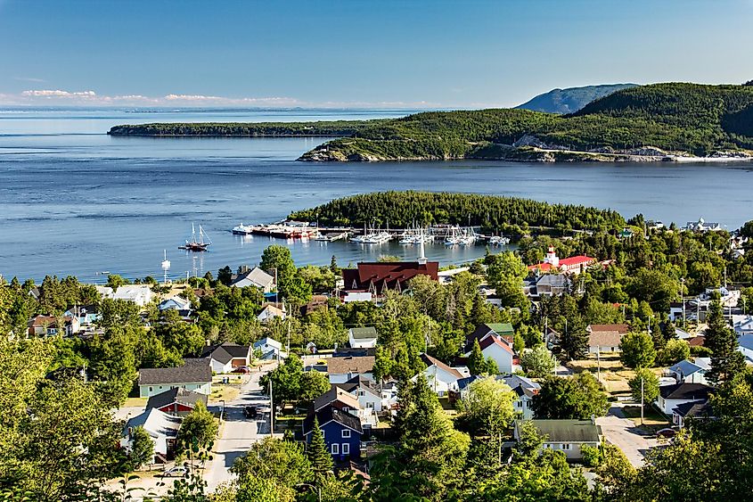 Aerial view of the picturesque town of Tadoussac, Quebec.