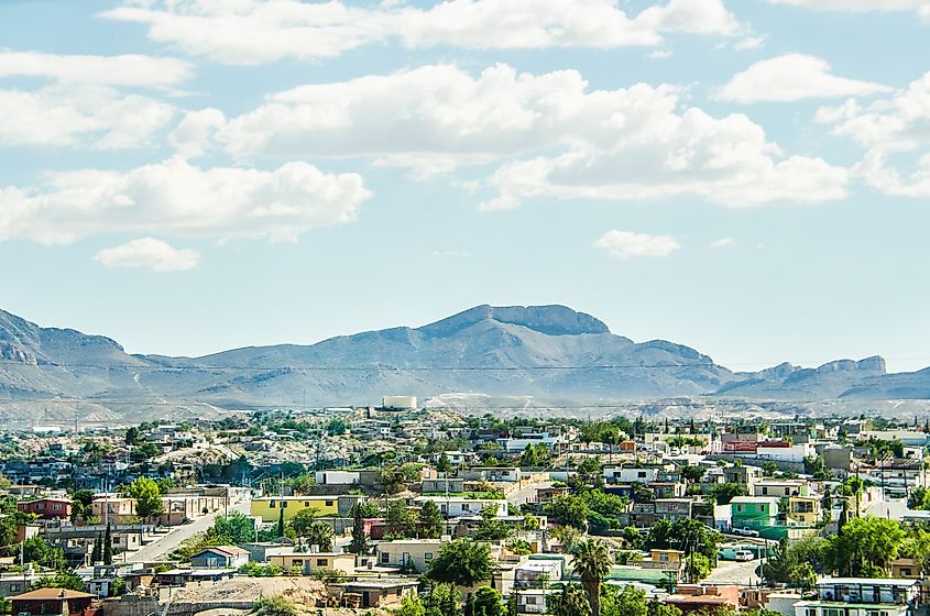 Ciudad Juarez in Mexico skyline, viewed from border with El Paso, Texas