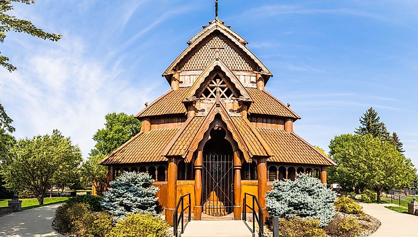 Stave church of Norwegian design found in Minot, North Dakota with architecture similar to structures found in Norway.