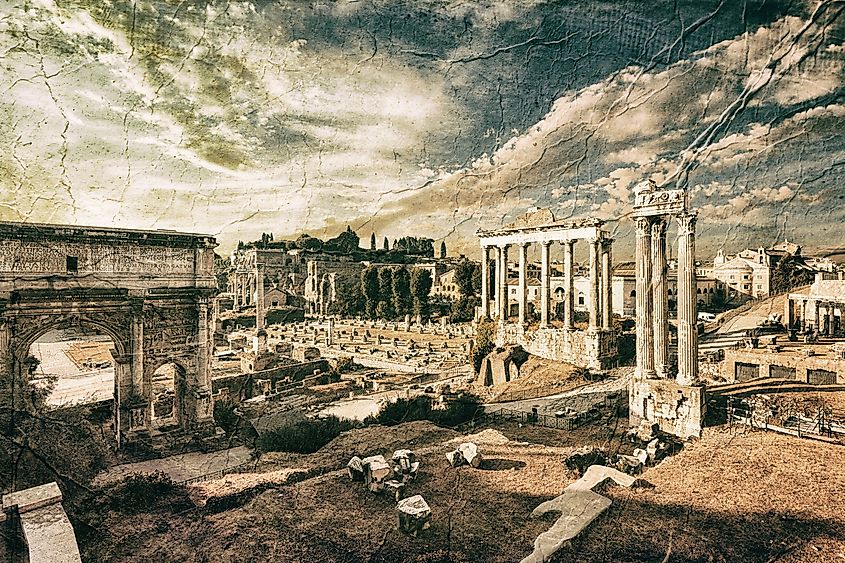 Ancient ruins of a Roman Forum or Foro Romano, Rome, Italy.