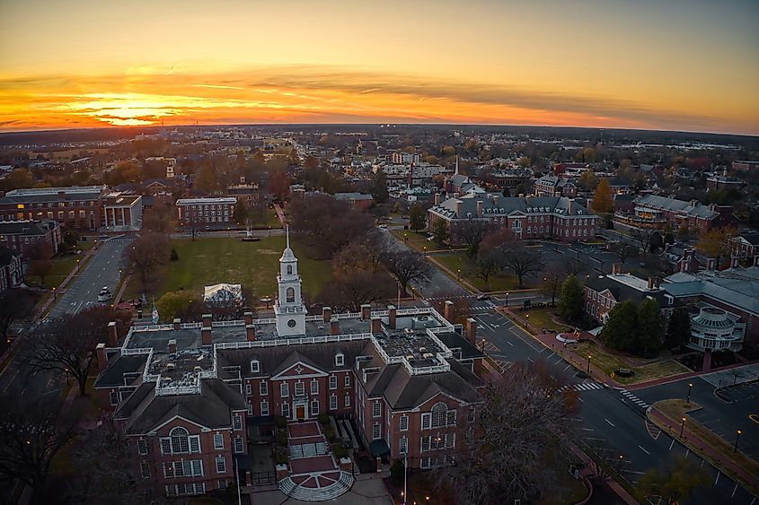 Aerial View of Dover, Delaware, during Autumn at Dusk.