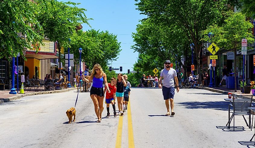 People walking down the street in Phoenixville, Pennsylvania.